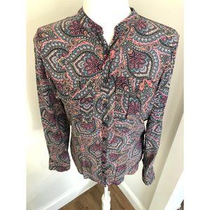 WOMEN'S AEROPOSTALE GRAY/PINK/BLUE PAISLEY BUTTON DOWN LONG SLEEVE SHIRT